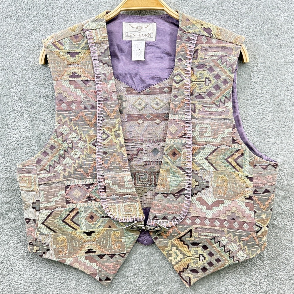 Longhorn Niver Western Wear Vest Womens Large Beige Patchwork Metal‎ Clasp Aztec